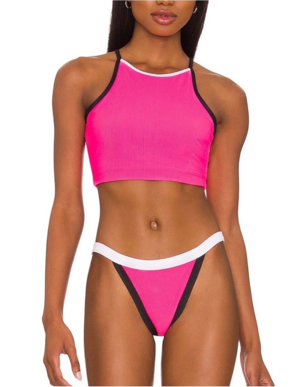 Women's Neon Pink High-Neck Bikini Set - Beach